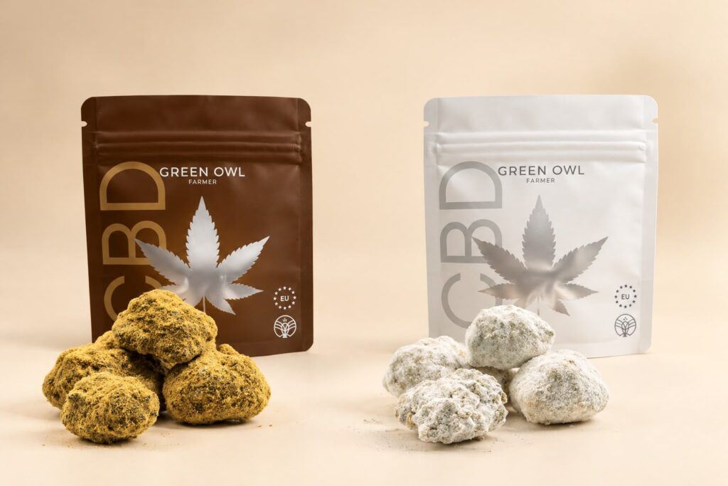 Moon Rock et Ice Rock CBD Green Owl, pochons marron et blanc